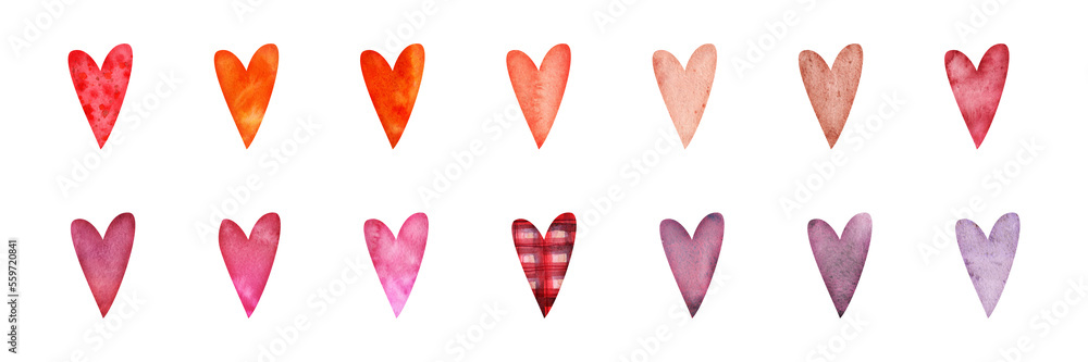 Watercolor hand drawn set of objects, textured red, pink and purple ...
