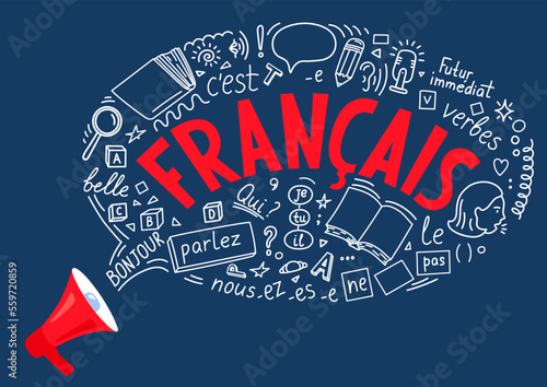 Francais. Megaphone with language doodle bubble. "French,bonjour,parlez,qui,nous,pas,verbes,c'est,je,tu,il,belle,Futur immédiat". Trans.:Hello,speak, who,we, not, verbs,it is,I,you,he,beautiful,Future