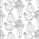 Celery vector seamless pattern. Detailed vegetarian food drawing. Farm market product