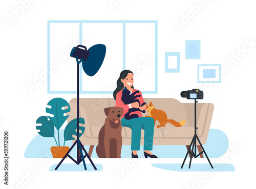 Veterinary blogger sits in front of camera with cats and dog. Woman records video blog about pets. Vlog streaming. Digital broadcast. Blogging for puppy or kitty owner. Vector concept