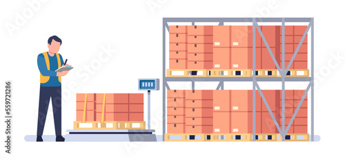 Warehouse worker checks goods on pallets. Man controls boxes shipment. Merchandise shipping in storehouse. Crates on scales. Freight distribution. Logistics management. Vector concept