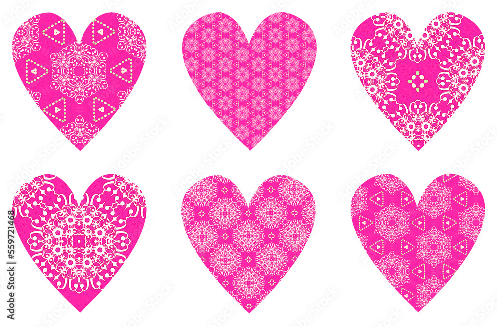 Valentine's Day set. An assortment of pink hearts decorated with white lace patterns, symbols of love, passion, and romance. Transparent png asset for overlay, cards, montage.