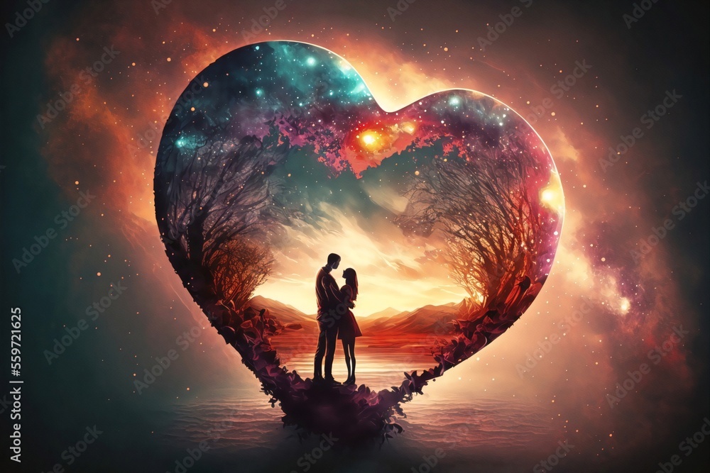 Silhouettes of a couple inside a heart, with stars and space, abstract, Valentine's day AI Generative illustration.