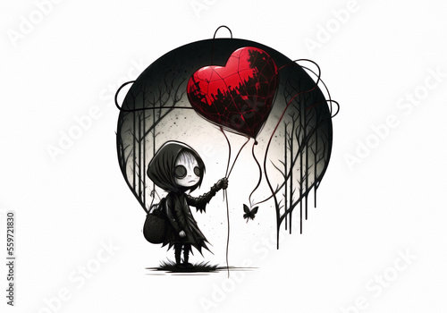 A cute cloaked ripper holding a red balloon in shape of heart, cute, inky, drawing ,Valentine's day AI Generative illustration. photo