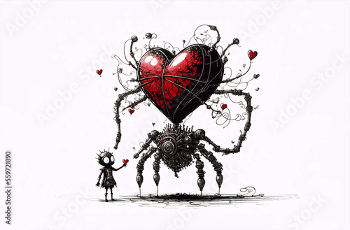 A  mechanical spider with a red heart  sketch  drawing  ink  fun  Valentine s day AI Generative illustration.