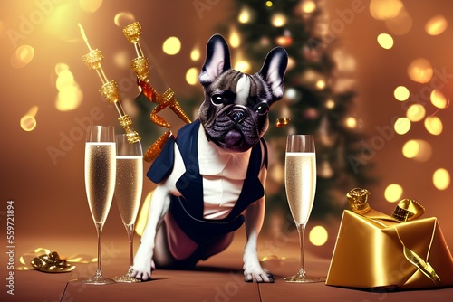 French Bulldog enjoying a toast with champagne at a New Year's Eve celebration - Generative AI photo
