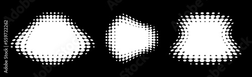 Set of white halftone dots curved gradient pattern texture background. Curve dotted spots using halftone circle dot raster texture. Vector emblem. Logo half tone collection. Sale banners. Vector