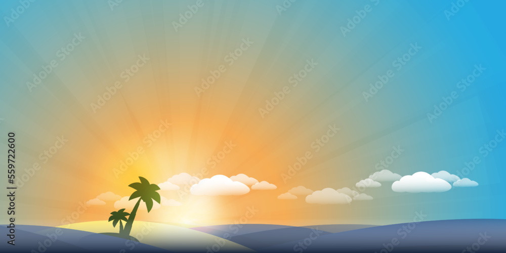 Colorful Summer Tropical Beach Background - Beach, Sunshine, Sunset or Sunrise, Sand and an Island with Palm Trees - Eps10 Creative Stock Vector Illustration