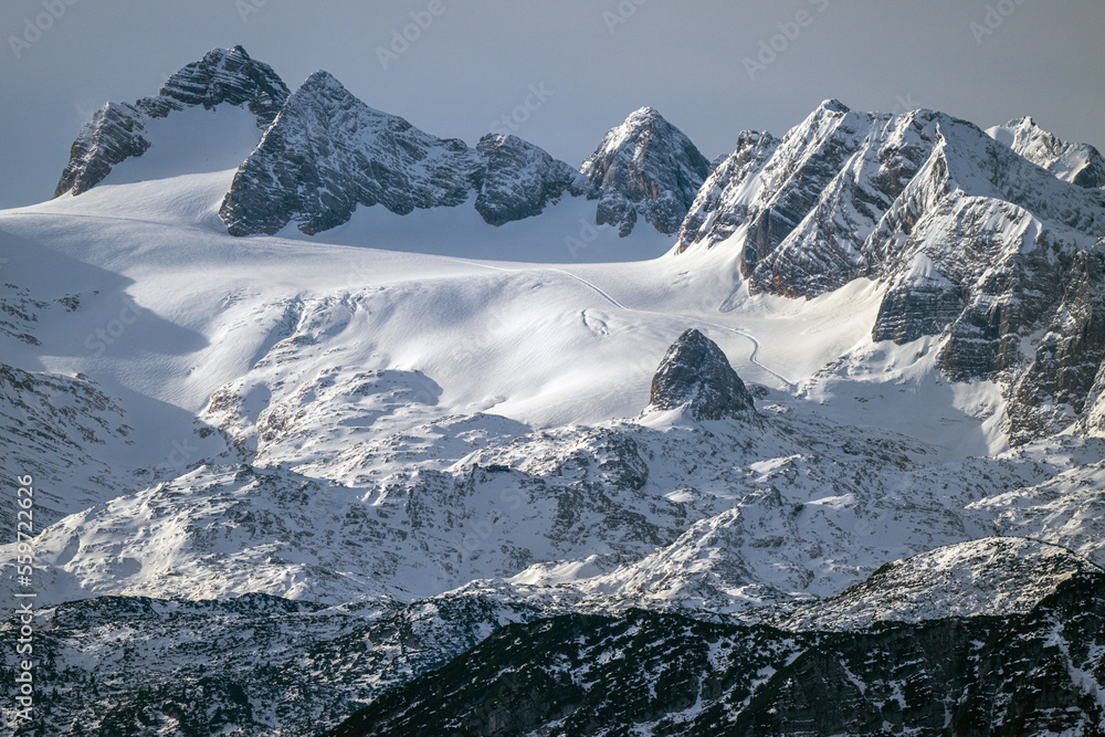 Partial areal view of the Dachstein glacier in austria, famous region for skiing, snowboarding and other winter sports, Tourism and vacations concept