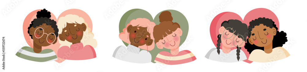 Three cute lesbian couple, vector illustrations, girls in love, valentine day Three cute lesbian couple, vector illustrations, girls in love, valentine day