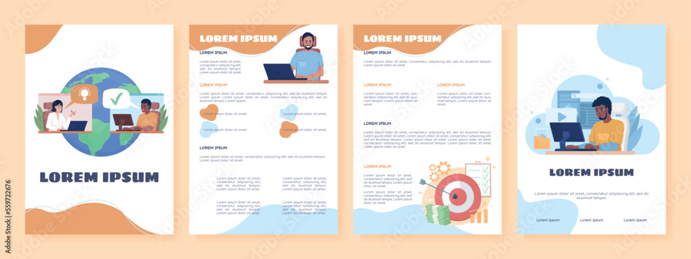 International staff flat vector brochure template. Booklet, leaflet printable flat color designs. Editable magazine page, reports kit with text space. Sigmar One, Balsamiq Sans, Comfortaa fonts used