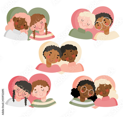 Five cute couple, vector illustrations, people in love, valentine day