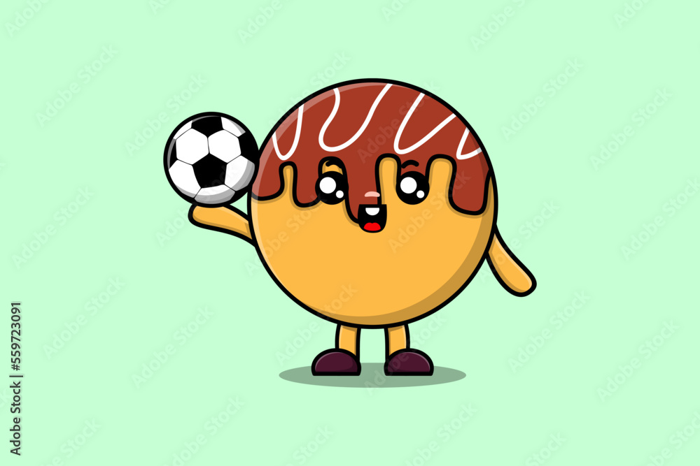 Cute cartoon Takoyaki character playing sport in concept flat cartoon style illustration