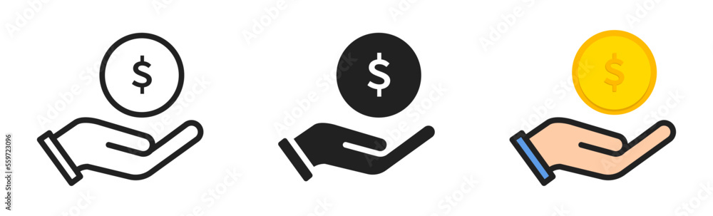 Hand holding money. Coin icon set. Vector illustration. Hand holding money. Coin icon set. Vector illustration.