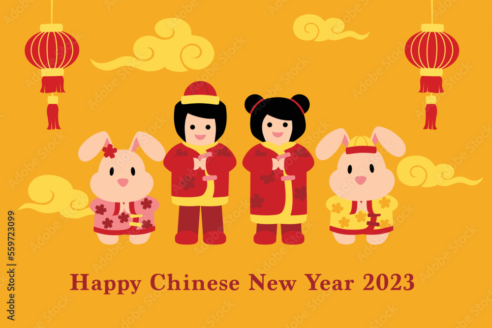 Chinese new year card with girl, boy and rabbits