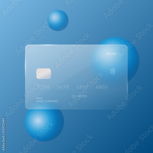 A credit card with highlights and reflections on an abstract blue background. Transparent map in the style of glassmorphism. Vector illustration.