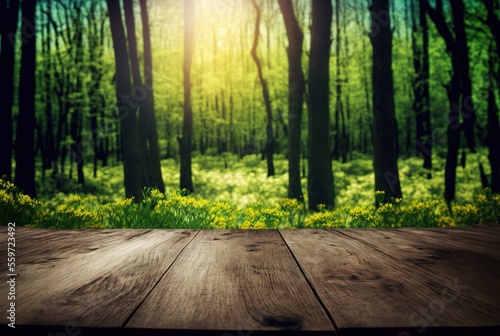 Wooden Table With Spring Forest Background Generative AI