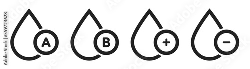 Blood group vector icons. Drops of blood. Blood droplet icon set. 
