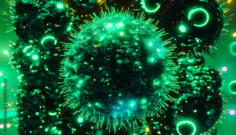 Fototapeta premium An abstract computer virus, bursting with colorful lights and effects, captures the complex and dangerous nature of this digital threat. Generative AI