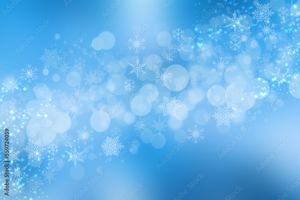 Abstract blurred festive light blue winter christmas or Happy New Year background texture with shiny blue and white bokeh lighted glittering snowflakes and stars. Space for your design. Card concept.