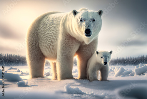 illustration of Mother and baby polar bear  family in the snow in winter  generative AI 