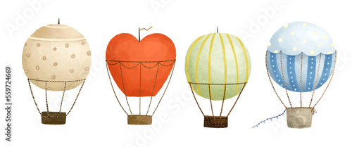 cute childish illustration with hot air balloon, journey, trip set. Baby art, sticker