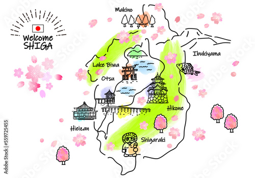 春の滋賀県の観光地のシンプル線画イラストマップ