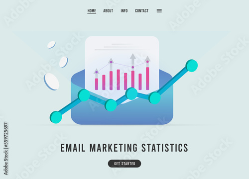 Email Marketing Statistics landing page template illustration. E-mail digital marketing statistics. B2B, B2C email stats for retention strategy and revenue generator.