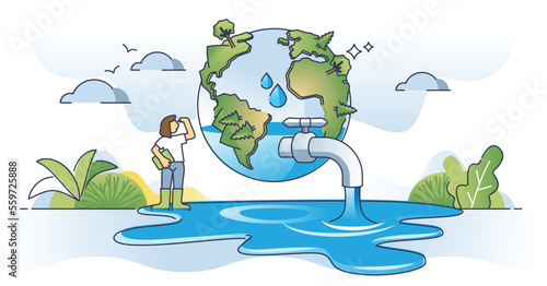 Water conservation and planet H2O resource protection outline concept. Environmental, ecological and responsible aqua usage for fresh and clean water drinking vector illustration. Reduce waste flow.