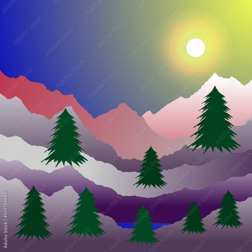 Fototapeta premium Sun Set with Mountains Trees