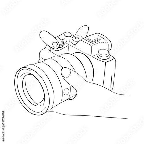 Hand holding a camera in a linear style. Hand drawing of finger holding digital single-lens reflex camera for professional photographer and videographer