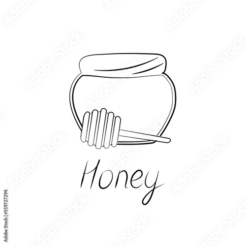 Honey jar and wooden dipper icon. Simple cartoon illustration photo