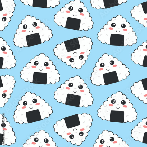 Seamless pattern with onigiri in kawaii style. Sushi in kawaii style. Cute cartoon onigiri with a face. Vector illustration.