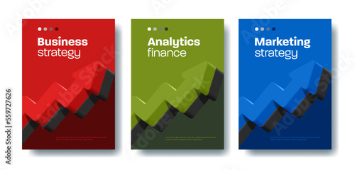 Set of web banners for business strategy, analytics and marketing with 3d render arrow in different colors