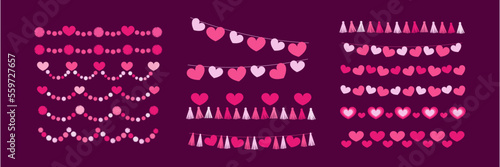 Valentine's day decoration set garlands and buntings made of tassels, stars, beads. Party supplies. Flat vector illustration