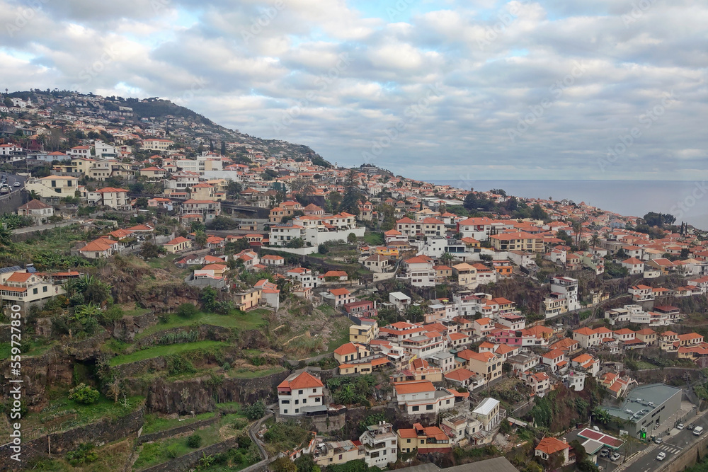 Beautiful view from a height of the houses of the city of Funchal, Madeira, Portugal.