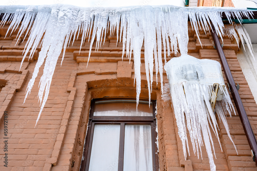 Close-up of icicles on the roof. Close-up of icicles on the roof.