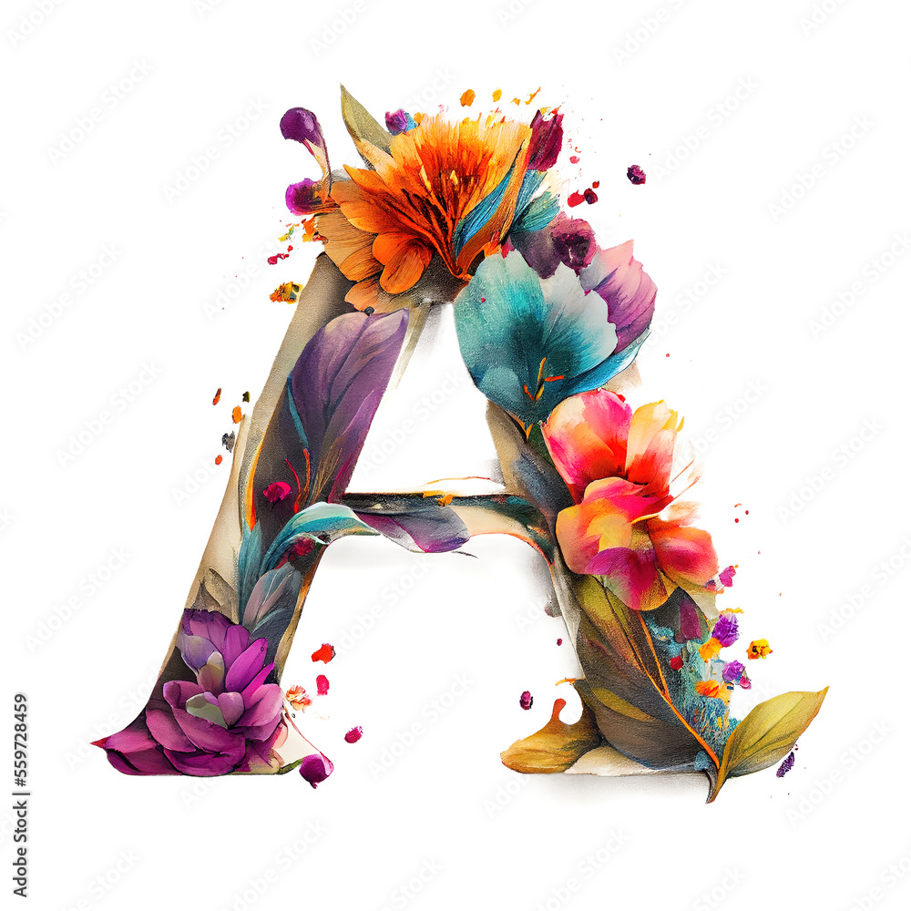 Colorful alphabet capital letter A made with flowers. Ink painting