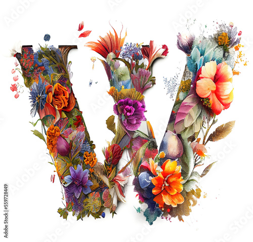 Colorful alphabet capital letter W made with flowers. Ink painting. Generative art