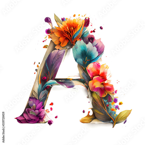 Colorful alphabet capital letter A made with flowers. Ink painting. Generative art