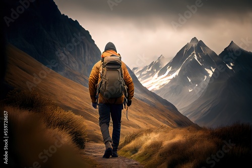 Canvas Print Rear view of hiker with backpack on the move in the autumn mountains