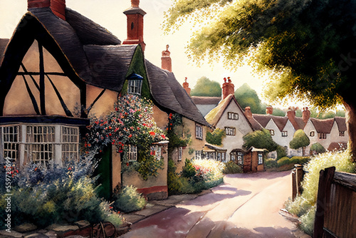 Watercolour painting of an old fashioned quintessential English country village in a rural landscape setting with an Elizabethan Tudor thatched cottage, computer Generative AI stock illustration image photo
