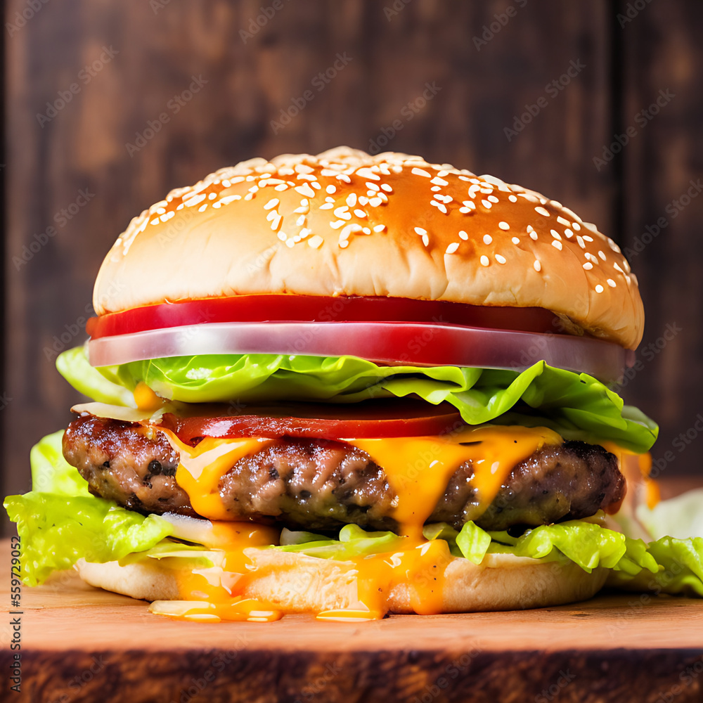 juicy hamburger on a wooden table