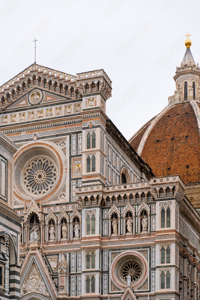 The impressive dome of Florence Cathedral, also known as the Duomo, in Italy. Designed by Filippo Brunelleschi. The largest brick dome ever constructed and a masterpiece of Renaissance architecture.