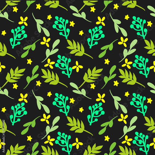 Seamless pattern with leaves, olive, and branch in background. Vector illustration design with floral for wrapping paper, wallpaper, fabric, decorating and backdrop. © Dodoodle