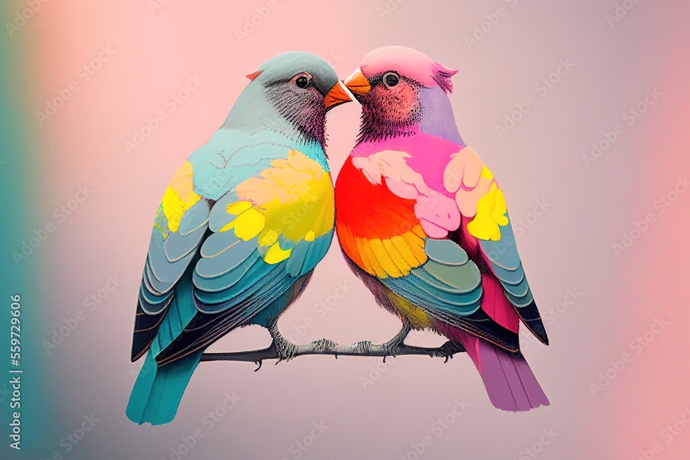 Beautiful couple of colorful birds on the branch. generative art Beautiful couple of colorful birds on the branch. generative art