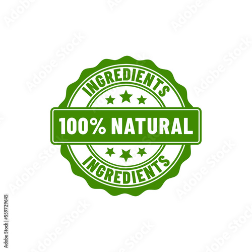 100% natural ingredients or Natural ingredients product icon vector illustration. Organic ingredients green label stamp. 100% natural ingredients, organic bio pharmacy and natural skincare cosmetic pr