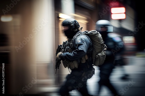SWAT squad on the move, blurred motion. Photorealistic illustration. Generative art  © Cheport