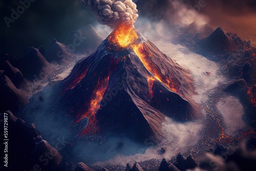 Aerial view of volcano eruption. Stunning photorealistic illustration. Generative art 