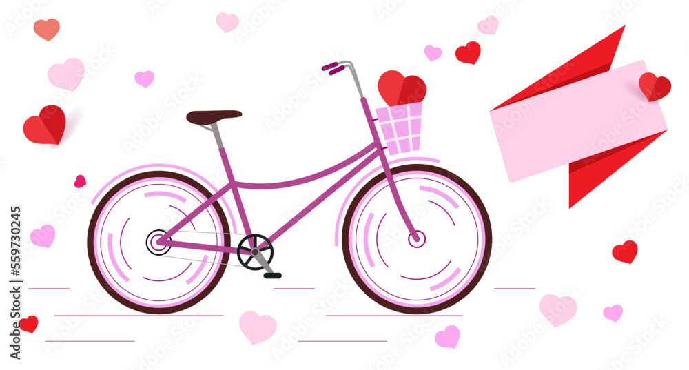 Pink bicycle. Banner for a love card with pink Bike and red tape